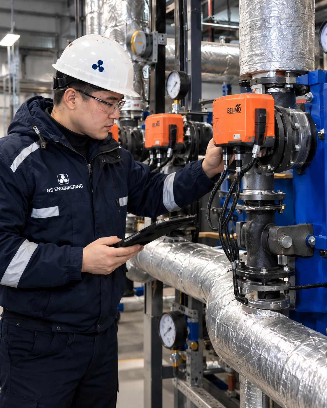 Специалист GS Engineering настраивает оборудование теплопункта